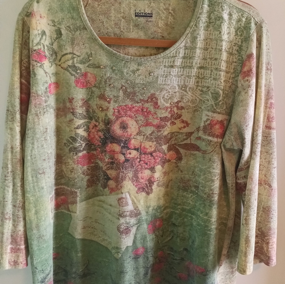 Basic Editions Green Floral Print Long Sleeve Blouse - Picture 9 of 13